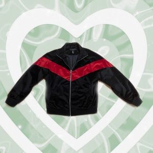 red and black bomber jacket.